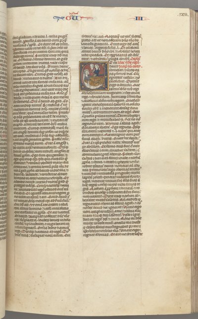 Fol. 123r, Kings III, historiallinen alkukirjain E, avustaja, joka toi Abisagin Daavidille..., n. 1275-1300 tekijältä Unbekannt