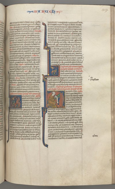 Fol. 317r, Baruch, historiallinen alkukirjain H, Baruch istuu pöydän ääressä kirjoittaen kirjakäärölle, n. 1275-1300. tekijältä Unbekannt