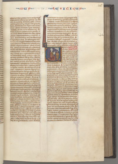 Fol. 36r, Leviticus, historiallinen alkukirjain V, Mooses uhraamassa uhrilammasta alttarilla, n. 1275-1 tekijältä Unbekannt