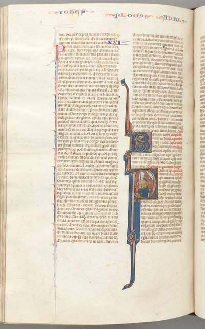 Fol. 435v, roomalaiset, historiallinen alkukirjain P, Paavali istuu miekan kanssa puhumassa Jumalan rintakuvalle..., n. tekijältä Unbekannt