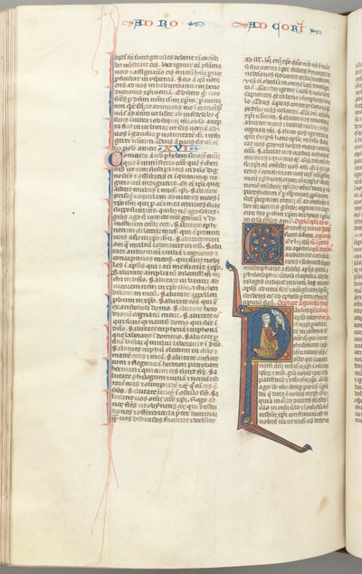 Fol. 440v, Korinttilaisille I, historiallinen alkukirjaus P, Paavali polvistumassa puhumassa Jumalan rintakuvalle yläpuolella, n. tekijältä Unbekannt