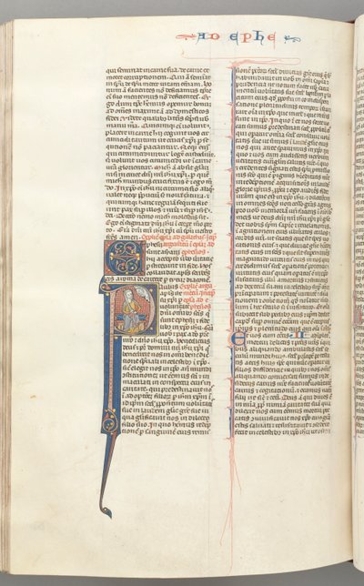 Fol. 450v, efesolaisille, historiallinen alkukirjaus P, Paavali istuu miekalla, Jumalan rintakuva yllä, n. 127 tekijältä Unbekannt