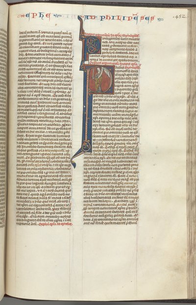 Fol. 452r, filippiläiset, historiallinen alkukirjain P, Paavali seisoo miekalla ja kirjakääröllä ja puhuu t:lle tekijältä Unbekannt