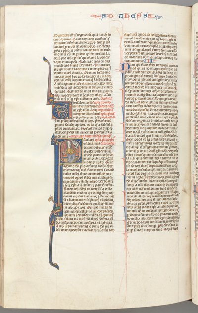 Fol. 454v, Thessalonikalaiskirje I, historiallinen alkukirjain P, Paavali istuu miekan ja kirjan kanssa..., n. 1275-13 tekijältä Unbekannt