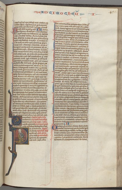 Fol. 456r, Timoteus I, historiallinen alkukirjain P, Paavali istuu, n. 1275-1300. tekijältä Unbekannt