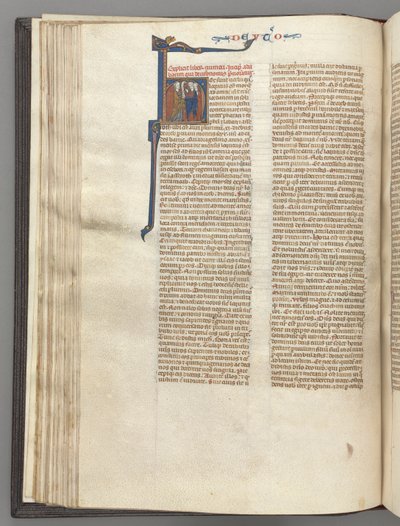 Fol. 62v, Mooseksen kirja, historiallinen alkukirjain H, Mooses sarvet ja kirjakäärö saarnaa..., n. 1275-1300 tekijältä Unbekannt