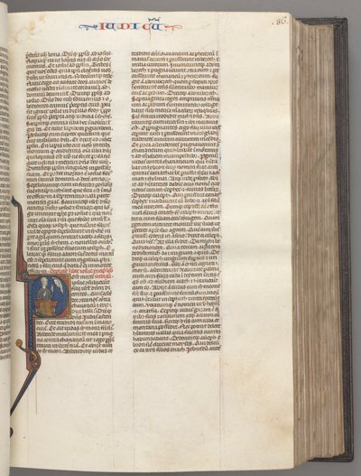Fol. 86r, tuomarit, historiankirjoitettu alkukirjain R, Juuda istuu kirjan kanssa, joka puhuu Jumalalle, n. 1275-1300. tekijältä Unbekannt