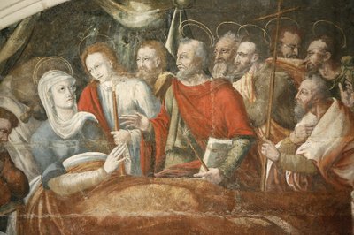 Fontevraultin (Fontevraud) luostarin kapitulitalon maalaus : Thomas Potin maalaama Marian kuolema (yksityiskohta) noin 1563, Fontevraud, Ranska tekijältä Unbekannt