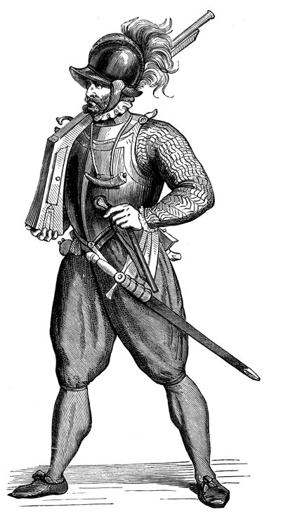 Jalkasotilas kantamassa harquebusia, 1590 tekijältä Unbekannt