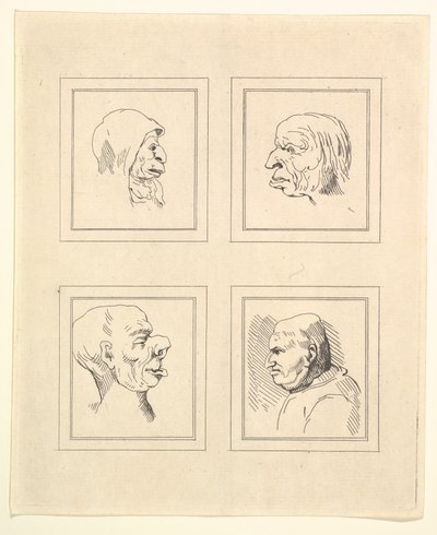 Neljä päätä Leonardo da Vincin Characaturasista, Wincelslaus Hollarin piirustuksista, o..., 1786. tekijältä Unbekannt