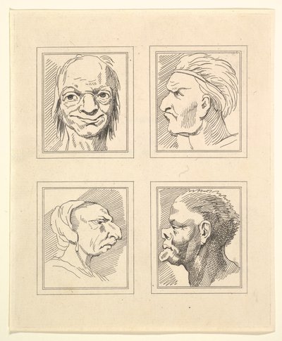 Neljä päätä Leonardo da Vincin Characaturasista, Wincelslaus Hollarin piirustuksista, o..., 1786. tekijältä Unbekannt