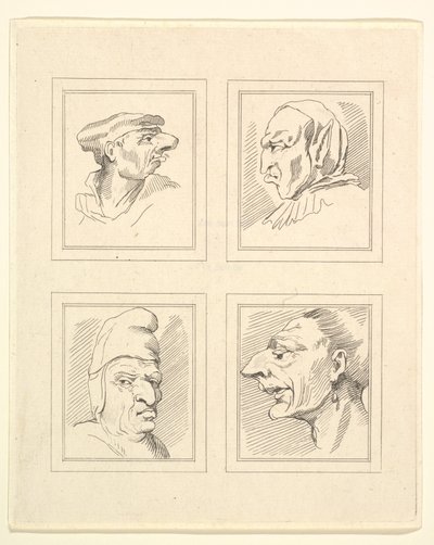Neljä päätä Leonardo da Vincin Characaturasista, Wincelslaus Hollarin piirustuksista, o..., 1786. tekijältä Unbekannt