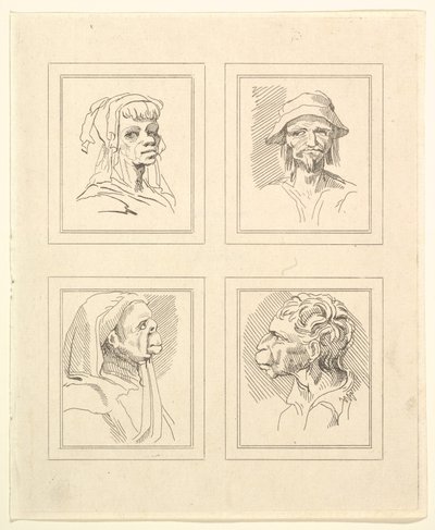 Neljä päätä Leonardo da Vincin Characaturasista, Wincelslaus Hollarin piirustuksista, o..., 1786. tekijältä Unbekannt