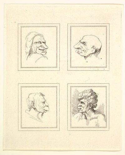 Neljä päätä Leonardo da Vincin Characaturasista, Wincelslaus Hollarin piirustuksista, o..., 1786. tekijältä Unbekannt
