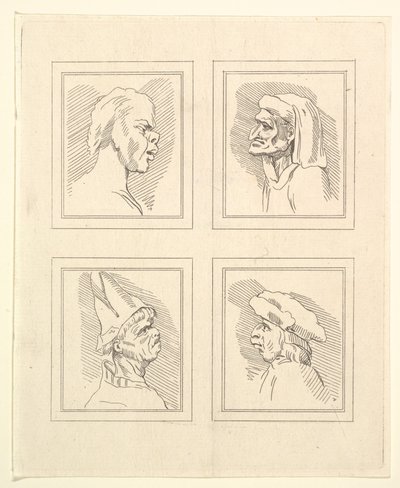 Neljä päätä Leonardo da Vincin Characaturasista, Wincelslaus Hollarin piirustuksista, o..., 1786. tekijältä Unbekannt