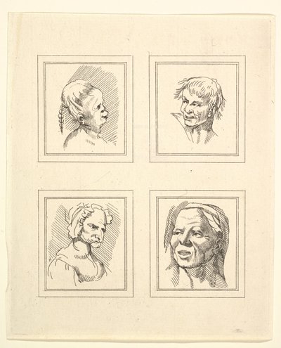 Neljä päätä Leonardo da Vincin Characaturasista, Wincelslaus Hollarin piirustuksista, o..., 1786. tekijältä Unbekannt