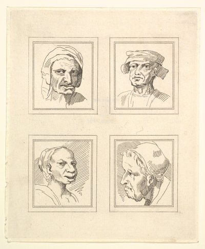 Neljä päätä Leonardo da Vincin Characaturasista, Wincelslaus Hollarin piirustuksista, o..., 1786. tekijältä Unbekannt