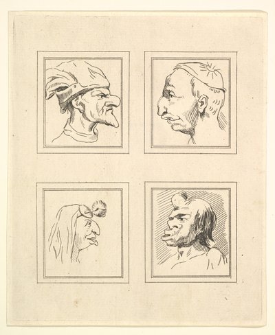 Neljä päätä Leonardo da Vincin Characaturasista, Wincelslaus Hollarin piirustuksista, o..., 1786. tekijältä Unbekannt