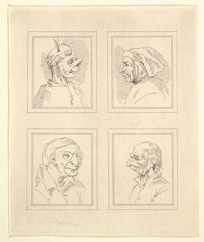 Neljä päätä Leonardo da Vincin Characaturasista, Wincelslaus Hollarin piirustuksista, o..., 1786. tekijältä Unbekannt