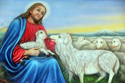 Marian kirkon fransiskaaniset lähetyssaarnaajat. Jeesus, hyvä paimen. Maalaus. Ho Chi Minh City. Vietnam tekijältä Unbekannt