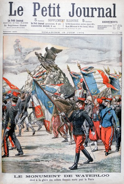 Ranskalaiset joukot kulkueessa Waterloon taistelun muistomerkin ohitse, 1904 tekijältä Unbekannt