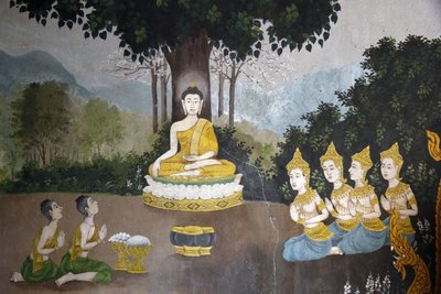 Fresko, joka kuvaa kohtausta Buddhan elämästä Wat Phra Doi Suthepissa Chiang Maissa. Buddha saa almua. Thaimaa tekijältä Unbekannt