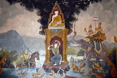 Fresko, joka kuvaa kohtausta Buddhan elämästä Wat Phra Doi Suthepissa Chiang Maissa. Phra Mae Thorani vääntelee pitkiä hiuksiaan ja vesivirrat aiheuttavat tulvan. Thaimaa tekijältä Unbekannt
