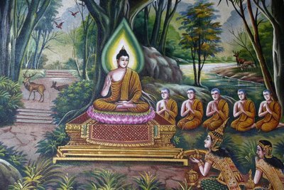 Fresko, joka kuvaa Buddhaa seuraajineen Wat Chiang Munissa Chiang Maissa. Thaimaa tekijältä Unbekannt