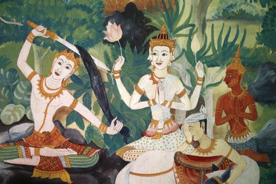 Fresko Wat Ampharamissa, Hua Hinissä, Thaimaassa. Buddha leikkaa hiuksensa ja luopui entisestä elämästään. tekijältä Unbekannt