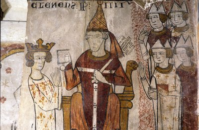 Ferrande-tornin fresko Pernes-les-Fontainesissa (Pernes les Fontaines, Vaucluse (84)) 1200-luvulta: paavi sijoitti Anjoun Kaarle I:n (1226-1285) Sisilian kuningaskuntaan 28.6.1265. Clement IV (v. 1195-1268). tekijältä Unbekannt