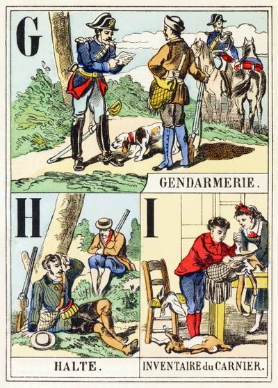 G H I: Gendarmerie, Halte, Inventaire du gamenier - Metsästysaakkoset, n. 1890 (kaiverrus) tekijältä Unbekannt