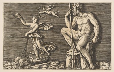 Galatea pakenee Polyphemusta, hän istuu kalliolla kädessään sauva ja piiput ja..., noin. 1515-1600. tekijältä Unbekannt