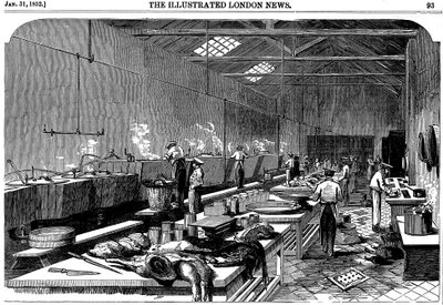 Yleiskuva keittiöstä Richie & McCalls Canneryssa, Houndsditchissä, Lontoossa, 1852 tekijältä Unbekannt