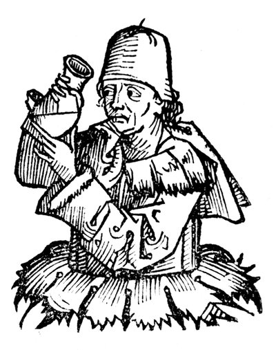 Gentile da Foligno, 1300-luvun italialainen lääkäri, tutkii virtsanäytettä, 1493 tekijältä Unbekannt