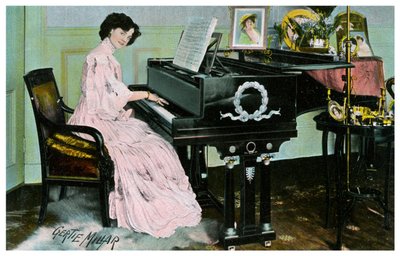 Gertie Millar, brittiläinen näyttelijä ja laulaja, soittaa pianoa, c1890-1909 tekijältä Unbekannt