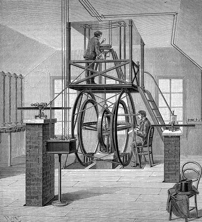 Jättiläinen galvanometri fysiikan laboratoriossa, Cornellin yliopisto, New York, USA, 1886 tekijältä Unbekannt