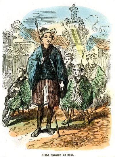 Tytöt pojiksi pukeutuneita, uudenvuoden kulkue Yokohamassa, Japanissa, 1872 tekijältä Unbekannt