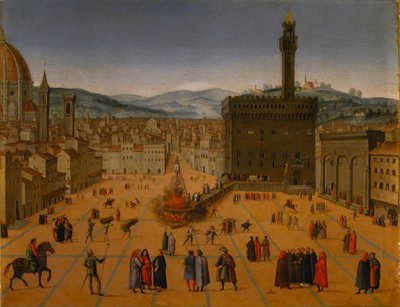Girolamo Savonarolas teloitettiin Piazza della Signorialla Firenzessä vuonna 1498, 1700-luvun alussa .. tekijältä Unbekannt