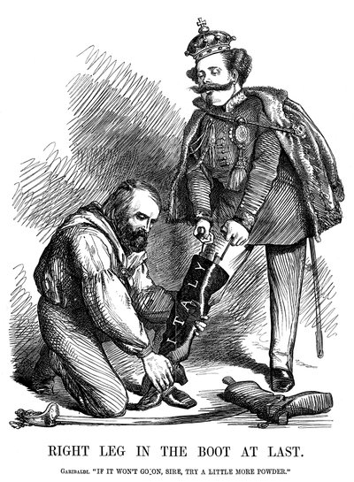Giuseppe Garibaldi auttoi Victor Emmanuel II:ta pukemaan Italian kengät, 1860 tekijältä Unbekannt