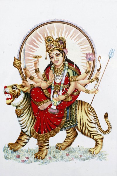 Jumalatar Sherawali (Durga) ratsastaa tiikerillä Rishikesh Intiassa tekijältä Unbekannt