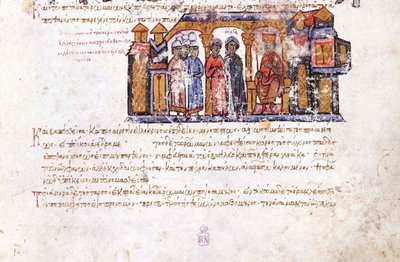 Suurprinsessa Olga vierailemassa Konstantinus VII:n pienoismallissa Madridin Skylitzesistä, 1000-1100-luku tekijältä Unbekannt