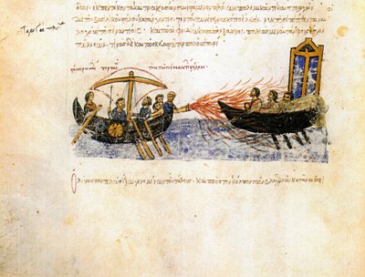 Kreikkalainen tuli. Miniatyyri Madridin Skylitzesistä 1000-1100-luvulta tekijältä Unbekannt