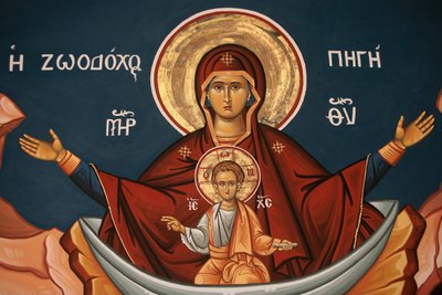 Kreikkalainen ortodoksinen ikoni, joka kuvaa Mariaa elämän lähteenä Thessalonique Kreikka tekijältä Unbekannt
