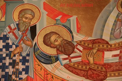 Kreikkalainen ortodoksinen ikoni, joka kuvaa Pyhän Gregory Palamasin dormaatiota (kuolemaa) Thessalonique Grece tekijältä Unbekannt