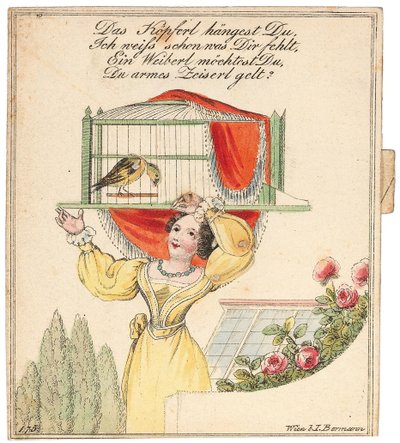 Onnittelukortti. Pikku pääsi roikkuu, tiedän mikä sinua vaivaa..., vuoden 1815 jälkeen. tekijältä Unbekannt