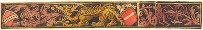 Groteski Strip lohikäärmeen, kilpien ja villimiesten kanssa, c. 14751500. tekijältä Unbekannt
