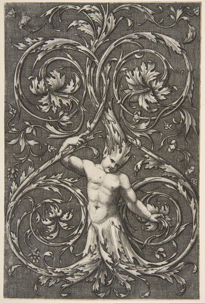 Groteski mieshahmolla, jossa alavartalo ja akantuskääröjen pää, n. 1515-1600. tekijältä Unbekannt