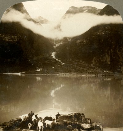 Grytereids-jäätikkö kimaltelee ajelehtivien pilvien yllä rauhallisen Olden-järven yli, Norja, 1905. tekijältä Unbekannt