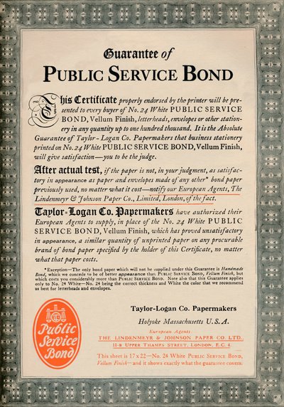 Julkisen palvelun takuu - Taylor-Logan Co. Papermakers -ilmoitus, 1919 tekijältä Unbekannt
