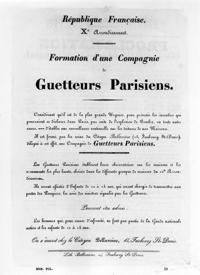 Guetteurs Parisiens, Pariisin kommuunin ranskalaisista poliittisista julisteista, toukokuu 1871 tekijältä Unbekannt